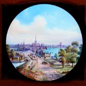 Old London Group of eight slides, probably by the same maker. Single mostly hand-painted glass
