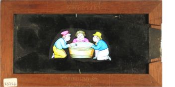 'Three boys blowing toy boat across water tub' (7 x 3 5/8 x 3/8 inches), single slip