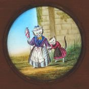 'Pussy's Road to Ruin' Set of 12 slides. Single hand-painted glass slides in wooden frames, 6 1/2