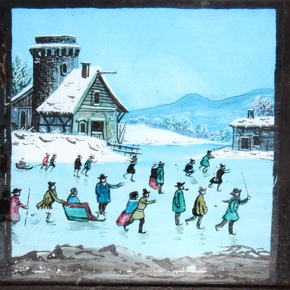 'People skating on frozen pond' Maker unknown (14 x 4 5/8 x 1/2 inches), long single panoramic slip - Image 3 of 4