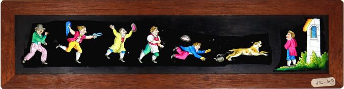 Five comic panoramic long slides, comprising 'Group of people chasing dog' Maker unknown (15 1/8 x 4