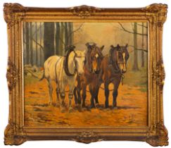 Jean De Jonghe 'Working horses' Oil on canvas 48 x 58cm Signed lower right,
