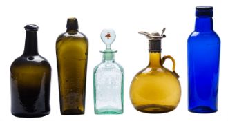 Five mixed glass bottles & decanters.