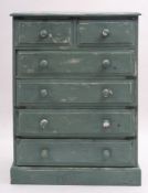A teal painted pine 'tallboy' chest of d