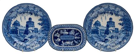 Three blue and white transfer ware plate