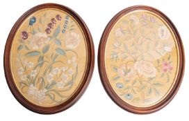 A pair of oval silkwork pictures of flor