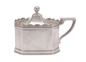 A George VI silver mustard pot, maker Roberts & Belk Sheffield 1927, of canted rectangular form, 7.