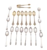 A cased set of George V silver gilt teaspoons and sugar tongs, Josiah Williams & Co (George Maudsley