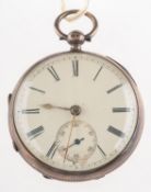 An open-faced silver pocket watch the cream dial with black Roman numerals, gold spade hands and
