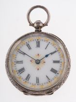 A Victorian silver pocket watch, the dial with black Roman numerals and gilt decoration, the case