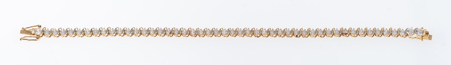 A tennis bracelet, 14 ct gold, set with cubic zirconia stones, box clasp with safety catches, - Image 2 of 2