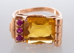 A yellow paste and synthetic ruby cocktail ring, stamped '14K', length of ring head ca. 1.9cm,