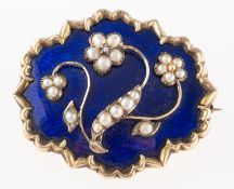 A late Victorian enamel, pearl and diamond brooch, circa 1890, the oval blue enamel panel with a