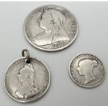3 Victorian silver coins. An 1895 veiled head half crown, 1887 Jubilee head shilling with pierced