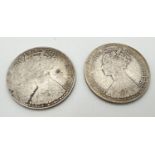 2 Victorian Gothic head silver florin coins, dated 1878 and 1883. Wear to both coins.