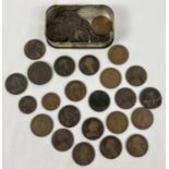 A small tin containing 29 Victoria and Edward VII one penny coins, 2 Victoria half penny coins and