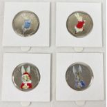 4 Beatrix Potter 50p coins depicting Peter Rabbit, from 2016 & 2017, with coloured decals.