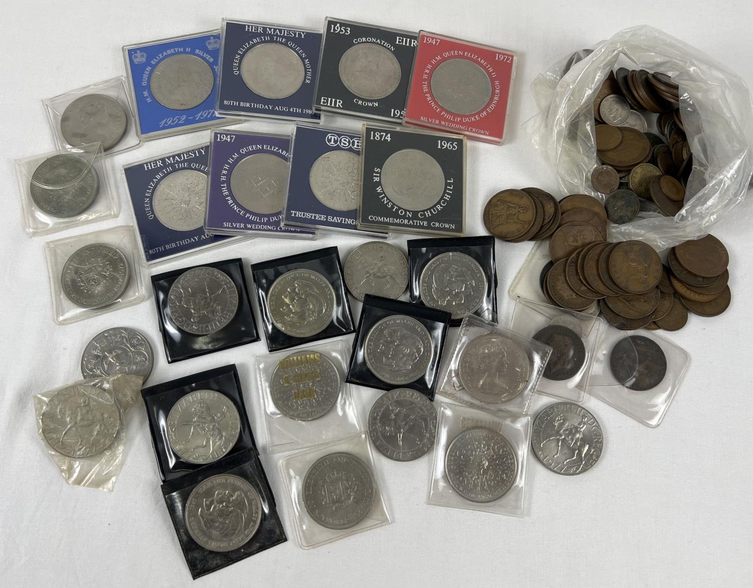 A collection of vintage British coins, mostly pennies and farthings. Together with commemorative