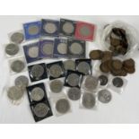 A collection of vintage British coins, mostly pennies and farthings. Together with commemorative