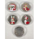 A set of 5 2016 Beatrix Potter 50p coins, in clear plastic cases. Comprising: Mrs Tiggywinkle, Peter