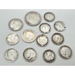 13 silver and half silver George V coins, in varying conditions. To include 1914 Australian silver