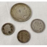 4 Edward VII silver coins. A 1908 florin/two shilling coin, 1902 and 1903 three pence coins and a