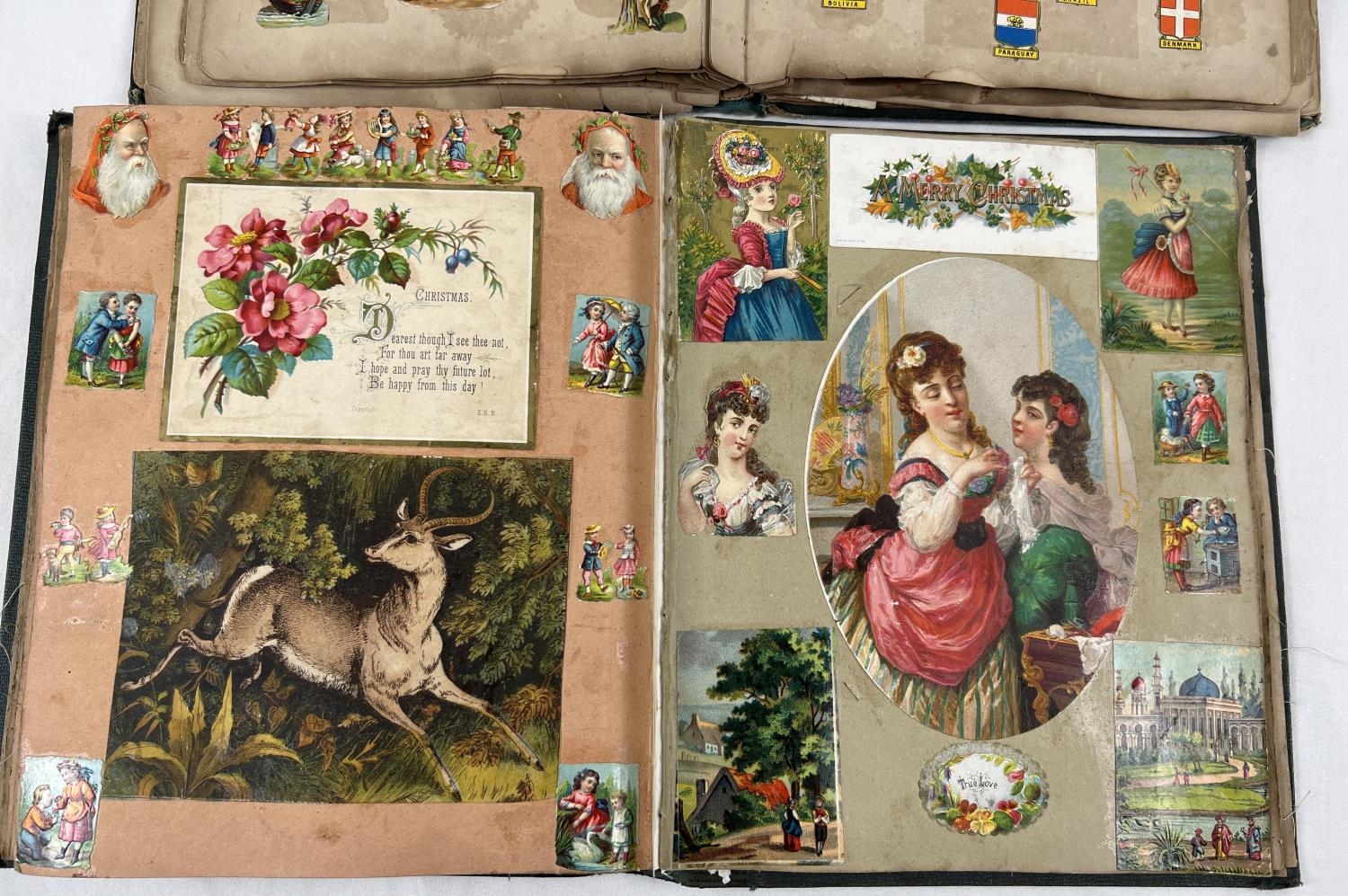 2 early 20th century green coloured scraps albums containing a quantity of assorted scraps and - Image 5 of 8