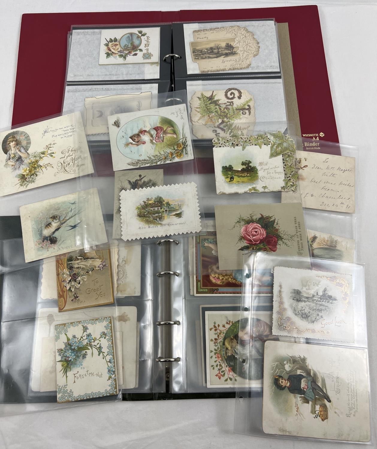 2 albums containing over 100 assorted Victorian & Edwardian greetings cards. In varying styles and