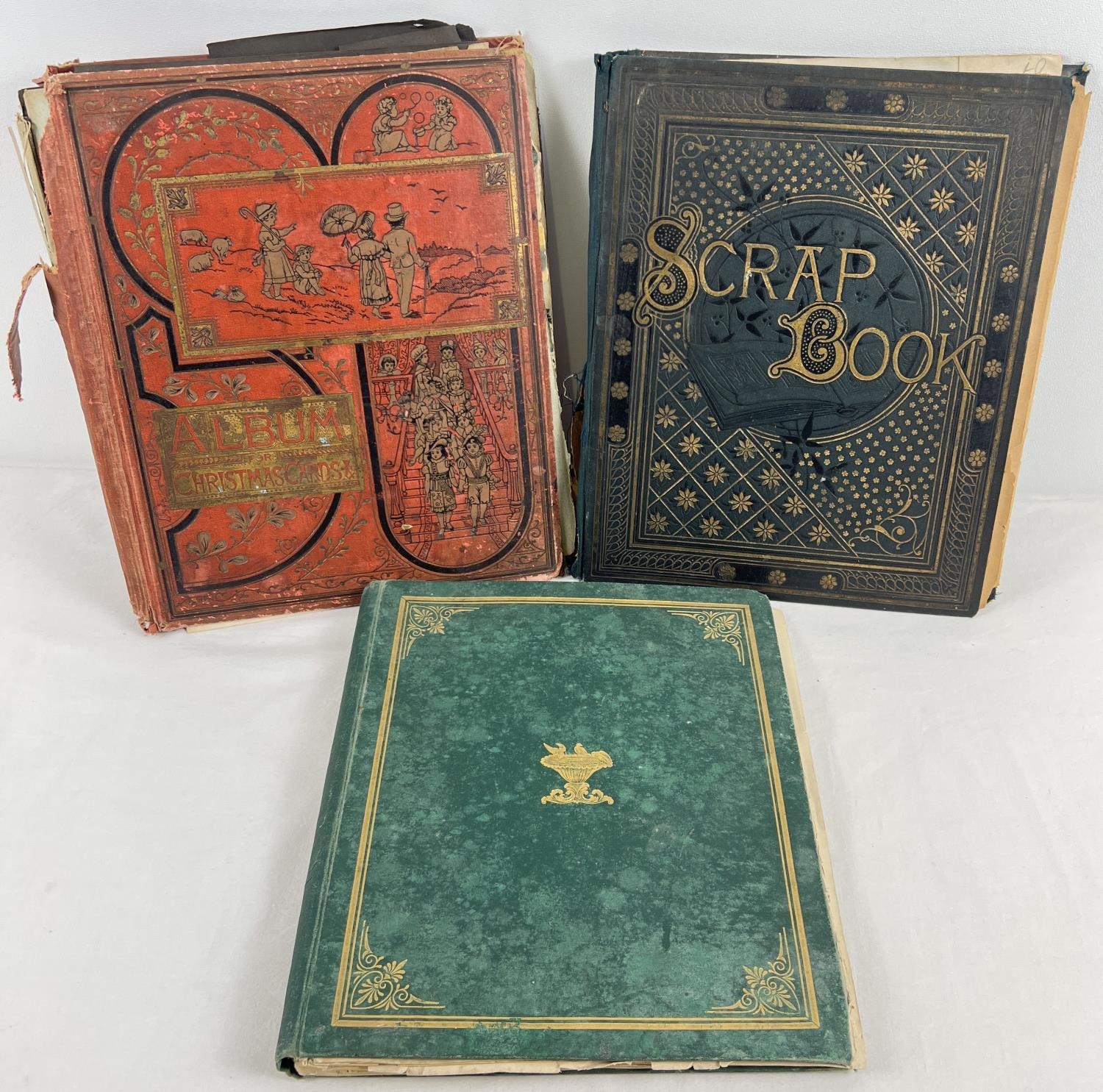 3 late Victorian/Edwardian scrap albums containing scraps, greetings cards, prints and pressed