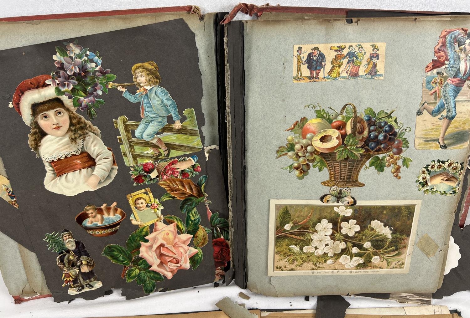 3 late Victorian/Edwardian scrap albums containing scraps, greetings cards, prints and pressed - Image 6 of 6