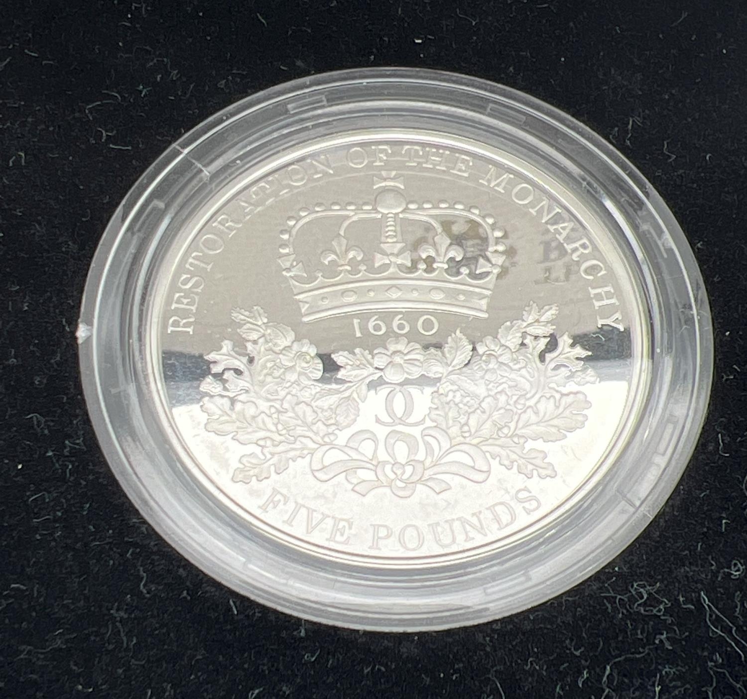 A boxed limited edition 2010 Restoration of the Monarchy Â£5 silver proof coin by The Royal Mint. - Image 2 of 2