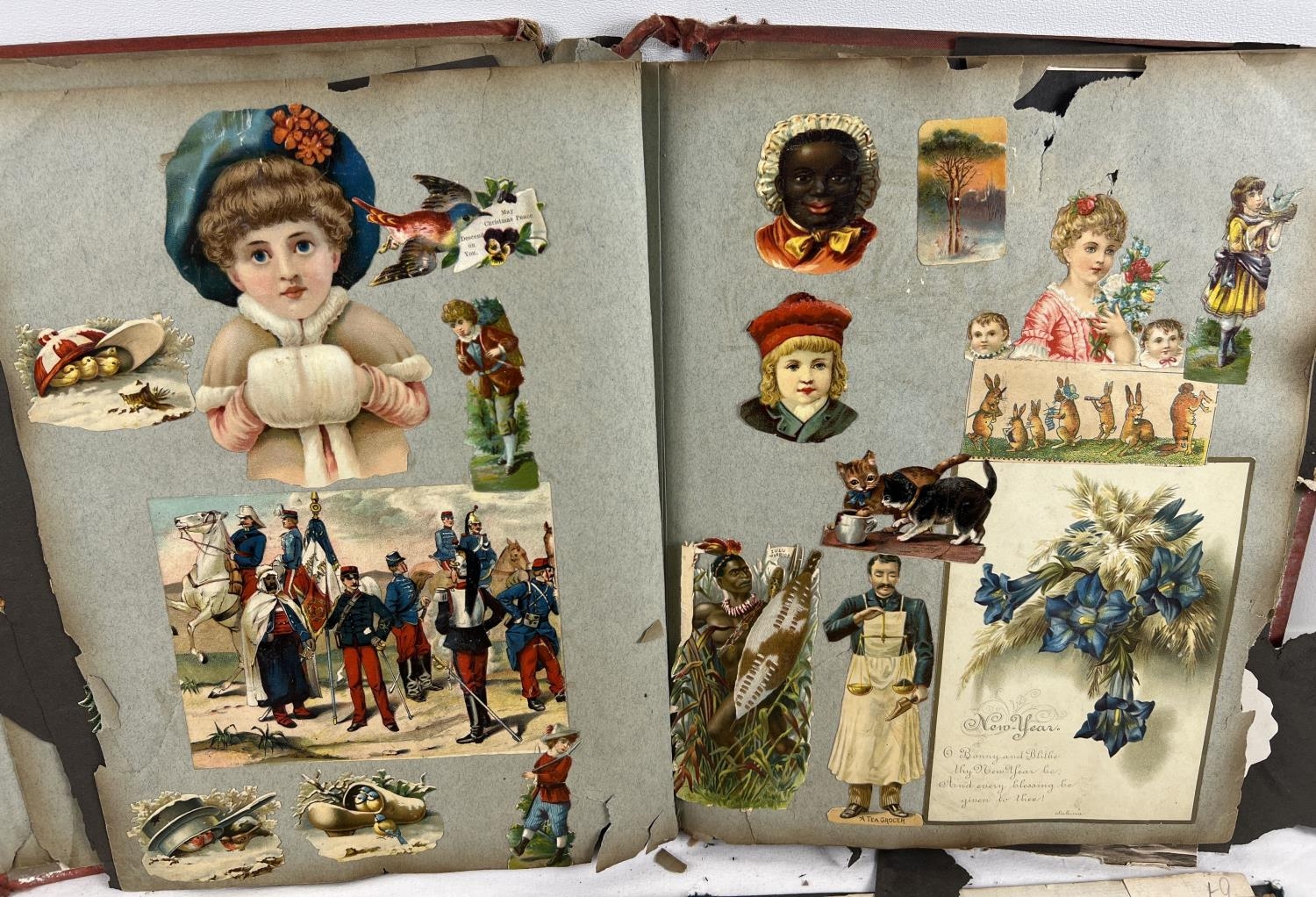 3 late Victorian/Edwardian scrap albums containing scraps, greetings cards, prints and pressed - Image 5 of 6