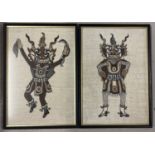 2 framed and glazed tapestry wool panels depicting tribal figures. Frame size approx. 55cm x 38cm.