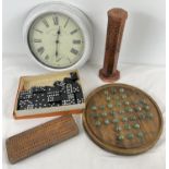A collection of mixed items to include a copper topped vintage cribbage board, solitaire marble game