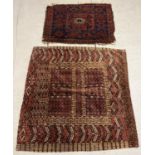 2 vintage woollen small rugs/prayer mats in dark red, black and beige tones. Smaller mat has fringed