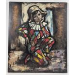 An oil on canvas of a young girl in a harlequin outfit by P. Rossolli. Signature to bottom right.