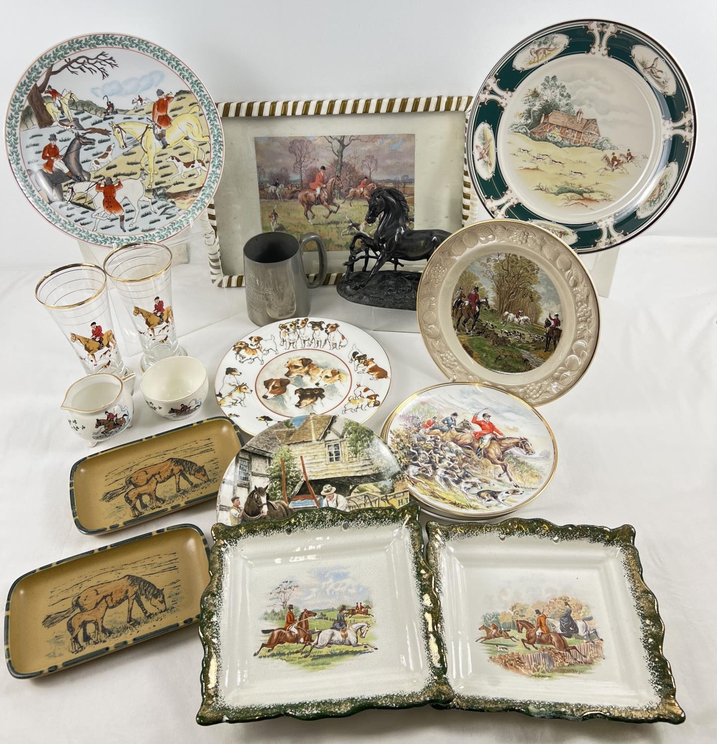 A collection of hunting scene and horse related items. To include ceramic plates, glasses, serving