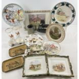 A collection of hunting scene and horse related items. To include ceramic plates, glasses, serving