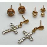 3 pairs of 9ct gold earrings. A pair of crystal set cross drop style earrings together with a