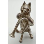 An Edwardian silver novelty container modelled as a cat playing the bugle, with hinged head.