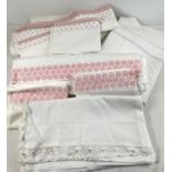 A collection of antique and vintage table linen and bedding. To include examples with lace and