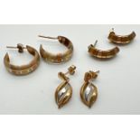 3 pairs of 9ct tri-coloured gold vintage style earrings. 2 pairs of half hoop style and a pair of