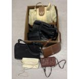 A box of vintage handbags and evening bags in varying styles and designs. To include a small leather