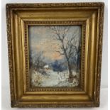 A small gilt framed and glazed vintage oil painting of a winter scene. No visible signature. frame