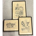 3 vintage 1970's John Sutton ink sketches of scenes from Norwich. All framed and glazed in simple