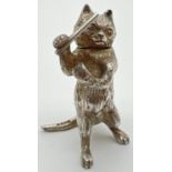 An Edwardian silver novelty container modelled as a cat being the orchestra conductor, with hinged