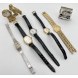 A collection of vintage ladies wristwatches and miniature clocks, to include gold tone Seiko (7320-