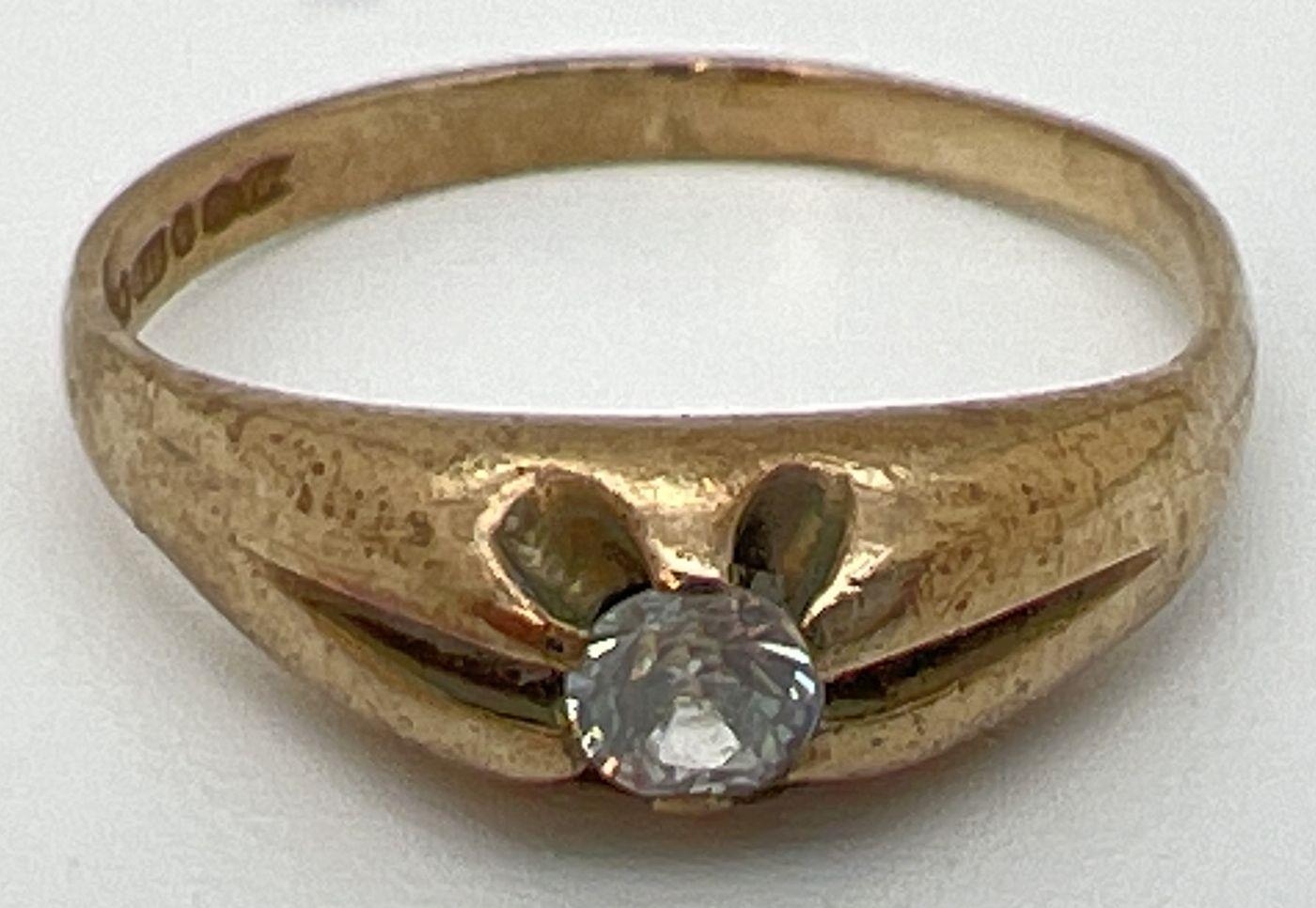 A vintage 9ct gold gypsy style solitaire ring, set with clear stone. Fully hallmarked inside band.