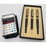 A boxed black & gold tone Pierre Farber 3 pen set, consisting of fountain, ball point and roller