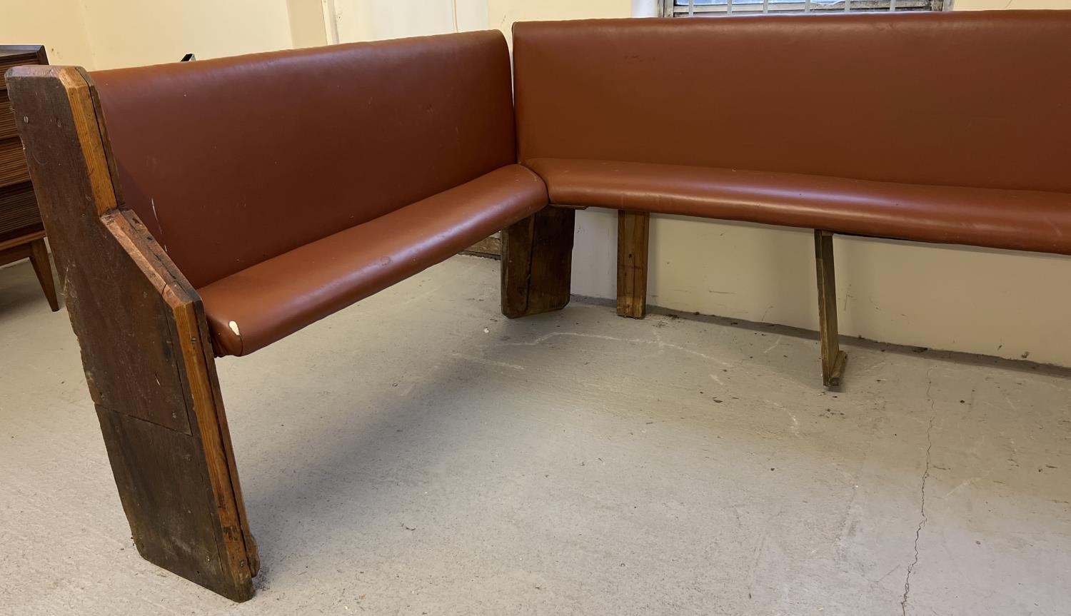 A large corner bench seat as taken from a local pub, originally made from antique pews. Covered in - Image 3 of 6